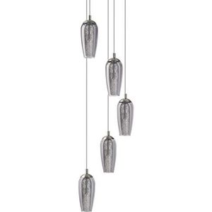 EGLO Farsala, hanglamp met 5 lichtpunten, hanglamp van metaal, rookglas en kristalgranulaat, armatuur voor eettafel of woonkamer in nikkel-mat en zwar