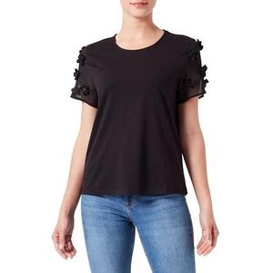 Taifun Dames T-shirt met bloemendecoratie korte mouwen effen kleuren, zwart, 42