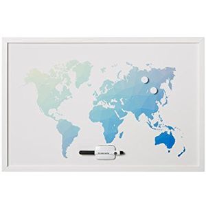 Bi-Office, Whiteboard Polygon Wereldkaart, magnetisch, droog afwisbaar, wit MDF-frame, 60x40cm