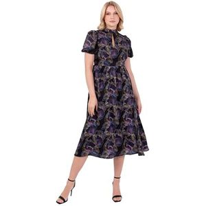 Lovedrobe Midi-jurk voor dames, hoge hals, korte pofmouwen, sleutelgat aan de voorkant, open rug, stropdas, strik, bloemenprint, zijsplit-feest, multi 10, Meerkleurig, 36