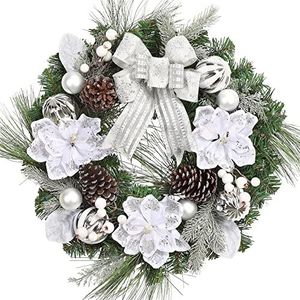 Auton Kerstkrans 60 cm kunstdeurkrans Kerstmis met 20 leds, kerstslinger met kerstbal kerstbloem magnolia bessen voor huisdeur, open haard en wanddecoratie, zilver