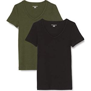 Amazon Essentials Women's T-shirt met korte mouwen en V-hals in slanke pasvorm, Pack of 2, Donker olijfgroen/Zwart, M