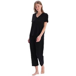 Dagi Black Knitted Regular Waist Supreme Lange Leg Korte Mouwen V-hals T-shirt en broek, Zwart, L, zwart, L