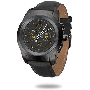 MyKronoz ZeTime Premium hybride smartwatch 39 mm met mechanische wijzers via een rond kleurentouchscreen – petite mat zwart / zwart reliëf leer