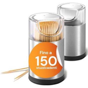 Avilia Tandenstokerdispenser van staal en transparante kunststof, 4,5 x 8 cm, afzonderlijke verdeling, hygiënisch, eenvoudig bij te vullen en gemakkelijk te reinigen, tot 150 tandenstokers