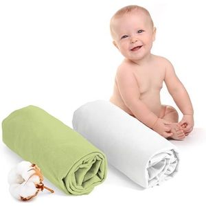 Dreamzie Hoeslaken 70x140 (x2) - 100 procent Oeko Tex Gecertificeerd Katoen - Hoeslaken 70x140 Baby - Wit en Groen