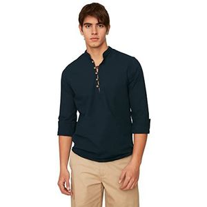 Trendyol Heren Navy Blue Boys Slim Fit Half Extracted Button Judge Collar New Shirt, XL