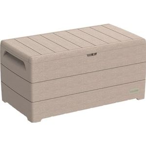 Duramax Durabox 416 Liter Opbergbox, Tuinmeubel Kussenbox Met Gascilinder, Houtnerf Textuur, Veilig & Zeker, Warm Taupe