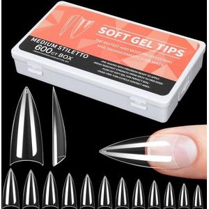 Alyvisun Lange Stiletto Halfbedekkende Nageltips, 600 Stuks Duidelijke Zachte Gel Nageltips, 12 Maten Nep Nagelverlenging Tips, Manicure Salon, DIY
