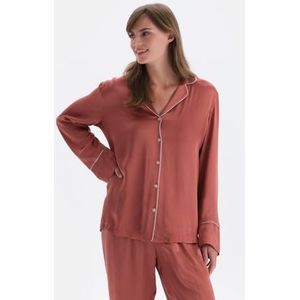 Dagi Dames lange mouwen geweven shirt met pipe detail pyjama top, terracotta, 36