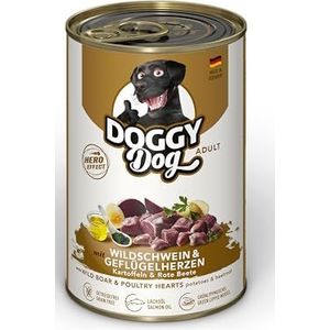 DOGGY Dog Paté wild zwijn en gevogelteharten, 6 x 400 g, nat voer voor honden, graanvrij hondenvoer met zalmolie en groenlipmossel, compleet voer met aardappelen en rode bedden, Made in Germany