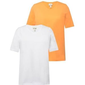 Ulla Popken - Shirt - Perzik/Wit - 2 Pack - V-hals - Halve Mouw