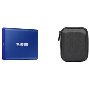 Samsung T7 Portable SSD - 1 TB - USB 3.2 Gen.2 External SSD Blauw (Indigo Blue), (MU-PC1T0H/WW) & Amazon Basics Beschermhoes externe harde schijf, hard, geschikt voor My Passport Essential
