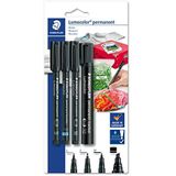 STAEDTLER Permanente markeerset Lumocolor, universele stift lijnbreedte S en M, waskarker, marker wigpunt, waterdicht op bijna alle oppervlakken, 4 permanente markers op blisterkaart, 60 BK-6