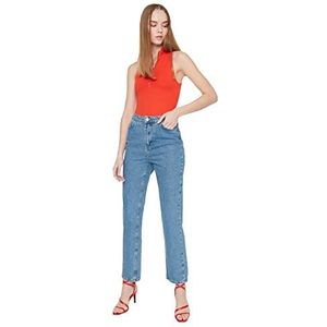 Trendyol Vrouwen blauwe hoge taille lange smalle rechte jeans, Blauw, 60
