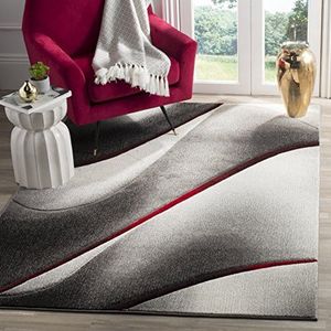 Safavieh Moderne grafische indoor geweven rechthoekige vloerkleed, Hollywood-collectie, HLW712, in grijs/rood, 160 x 229 cm voor woonkamer, slaapkamer of elke binnenruimte