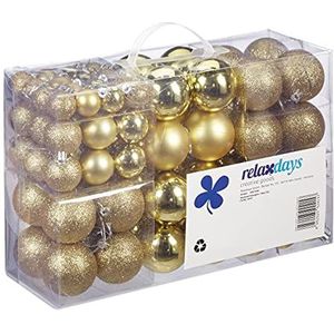 Relaxdays kerstballen 100 stuks, kerstdecoratie, mat, glanzend, glitters, kerstboom ballen ∅ 3, 4 & 6 cm, goud