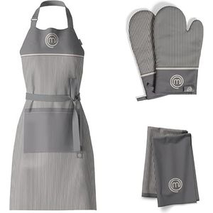 MasterChef Textiles Cadeauset (x3), Keukenschort en Ovenwanten, Hittebestendig, Hoge Kwaliteit, Theedoeken, 100% Katoen met Ophanglussen, Machinewasbaar, Geborduurde Details, Grijs