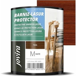 LASUR MATTE BESCHERMENDE VERNIS in water. Het beschermt, decoreert en verfraait alle houtsoorten. (750 milliliter, teak)