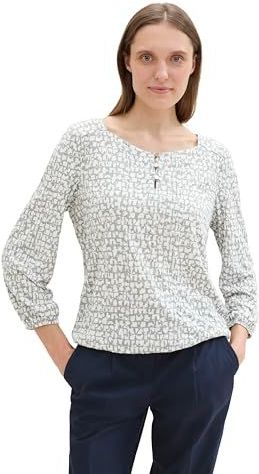 TOM TAILOR - Blouse - Grijs/Wit - Wijde Blouse - Normale Pasvorm - Driekwart Mouw