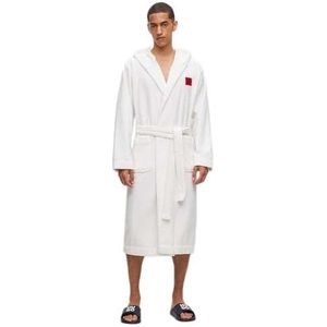 HUGO Terry Gown ochtendjas met capuchon van katoenen terry met rood logo-label, White100, XXL