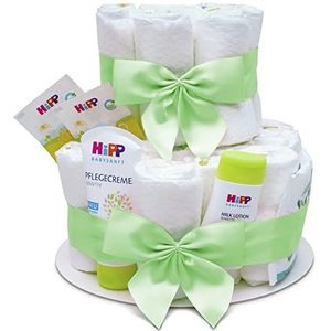 MilaBooÂ® HIPP Luiertaart met 2 verdiepingen, neutraal met premium producten van HIPP, speciaal cadeau voor de geboorte, persoonlijk babycadeau voor doop en babyshower (groen)