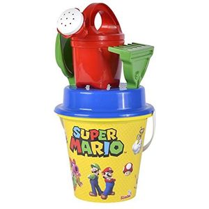 Simba 109234594 Super Mario emmerset, zandspeelgoed, 5-delig, emmer, zeef, schep, hark, gieter, 16 cm, D: 17 cm, vanaf 10 maanden, meerkleurig