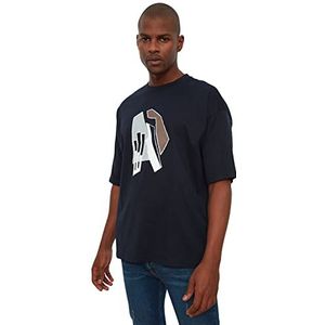 Trendyol Heren Loungewear Oversize Basic Crew Neck Gebreid T-shirt, Donkerblauw, XL