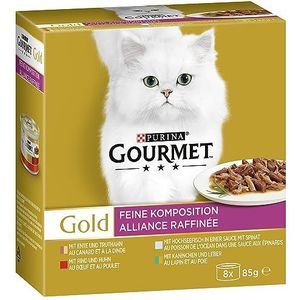 Gourmet Gold Luxe mix Kattenvoer, Natvoer met Rund en Kip, Eend en Kalkoen, Konijn en Lever, Zeevis in Saus met Spinazie - 8x85g - doos van 12 (96 blikjes; 8,16kg)