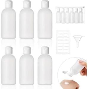 Reisflessen om te vullen, 60 ml, 6 stuks vloeibare flessen om te vullen met kleine trechter en etiketten, transparante plastic flessen, zachte container, flessenset voor shampoo, douchegel, lotion
