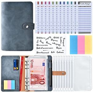 AiQInu Budgetmap, A6, Frans, budgetmap van PU-leer, budgetplanner, cover met 8 pvc-enveloppen, 12 budgetbladen, 3 kleuren zelfklevende notities en 27 categorieën in het Frans