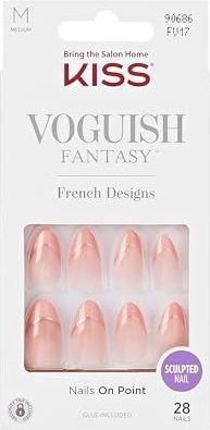 KISS Voguish Fantasy ""Clatant"" Nude French Coral lange amandel cafeïnevorm - 28 Press On kunstnagels in salonkwaliteit om op te plakken, doe-het-zelf, 2 g nagellijm, 1 manicure-staafje, 1 mini-vijl