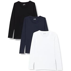 Berydale Dames Shirt met lange mouwen en ronde hals, gemaakt van 100% katoen, Zwart/wit/marineblauw, set van 3, S