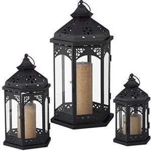 Relaxdays lantaarn set van 3 stuks - windlicht - decoratief - lantaarns - 3 groottes zwart