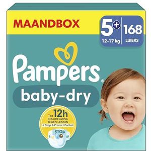 Pampers Baby-Dry Maat 5+, 168 Luiers, 12kg - 17kg, Met Een Stop & Protect Pocket Aan De Achterkant Die Tot 100% Bescherming Biedt Tegen Lekken ’s Nachts