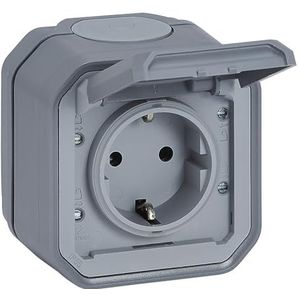 LEGRAND, Plexo Nieuw inbouwstopcontact voor vochtige ruimtes, Schuko-standaard, inclusief klapdeksel, aanraakbeveiliging, steekklemmen, 16 ampère, 250 volt, IP44 - IK07, kleur: grijs, 069730L