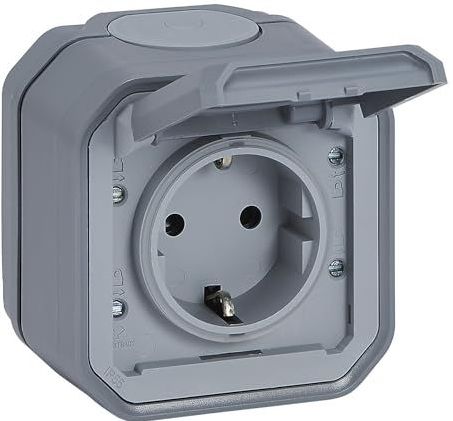 LEGRAND, Plexo Nieuw inbouwstopcontact voor vochtige ruimtes, Schuko-standaard, inclusief klapdeksel, aanraakbeveiliging, steekklemmen, 16 ampère, 250 volt, IP44 - IK07, kleur: grijs, 069730L