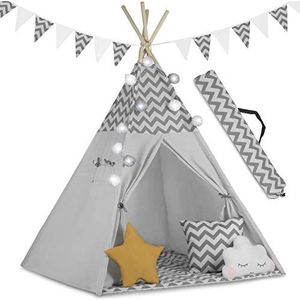 Ricokids Tipi Tent voor Kinderen van Katoen - Speelgoed voor Binnen & Buiten - Raam Twee Kussens - Isolatiemat - LED-Lamp - Wigwam Indianentent Populierenhout 120 X 120 X 165 cm Grijs