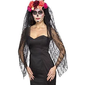 Deluxe Day of the Dead Headband, Red & Black, with Roses & Veil