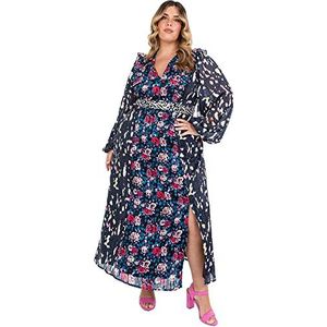 Lovedrobe Maxi-jurk voor dames, grote maten, met zakken, lange ballonmouwen, split, hoge taille, curve, dagelijks sleutelgat, bloemen, cocktail, Bloemen, 52