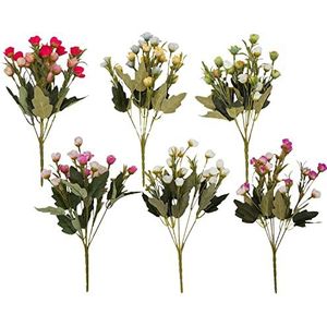 6 stuks Bush mini-rozenknoppen van zijde, kunstbloemen, shabby stijl, kunstplanten voor binnen en buiten, tuindecoratie