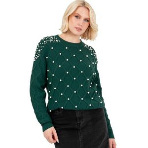Lovedrobe Dames Crew Neck Jumper Dames Cable Knit Lange Mouwen Sweater Parel Versierd Trui Smart Casual Knitwear, Smaragdgroen 40-42, emerald green, 40/42 NL