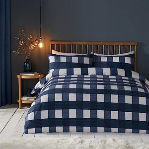 Fusion Snug - Seersucker Gingham Check - Geborsteld Dekbedovertrek Set - Eenpersoonsbed Maat in Navy