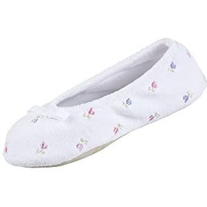 isotoner Geborduurde badstof ballerina pantoffels platte sandalen voor dames, Witte strik, 35.5/36.5 EU