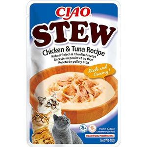 INABA Churu Stew Stoofpot voor katten, snacks recept kip/tonijn, rijke en romige onderscheidingen, granen, conserveringsmiddelen, kleurstoffen, weinig calorieën, 40 g