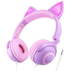 LOBKIN Kinderhoofdtelefoon met kabel, hoofdtelefoon met kattenoren met ledverlichting, volumebegrenzing op 85 dB, opvouwbare hoofdtelefoon voor meisjes en jongens (paars en roze)