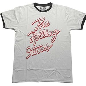 Rolling Stones Het T-shirt Signature Band Logo Officiële Unisex Witte Ringer, Wit, XL