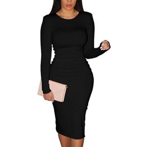 XXTAXN Women's Sexy Bodycon Long Sleeve Round Neck Work Office Midi Pencil Dress Black