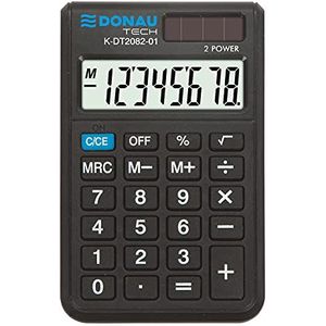 Calculator DONAU TECH/K-DT2082-01 8-cijferig wortelfunctie/97x60x11 mm/kleur: zwart/computer met 8-cijferige weergave/dual power solar - batterijwerking/compact ontwerp