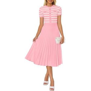 ZESICA Casual gestreepte midi-jurk voor dames, ronde hals, korte mouwen, knopen, geribbeld, swing, geplooide A-lijn jurken, roze, S